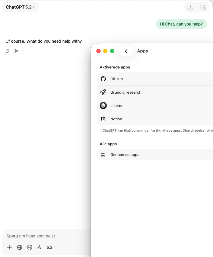 ChatGPT Apps panel showing GitHub, Research, Linear, and Notion integrations