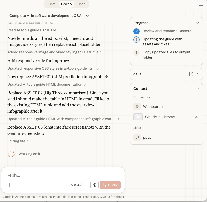 Claude Cowork interface showing progress tracking, workspace folder, connectors for web search and Chrome, and a skills panel