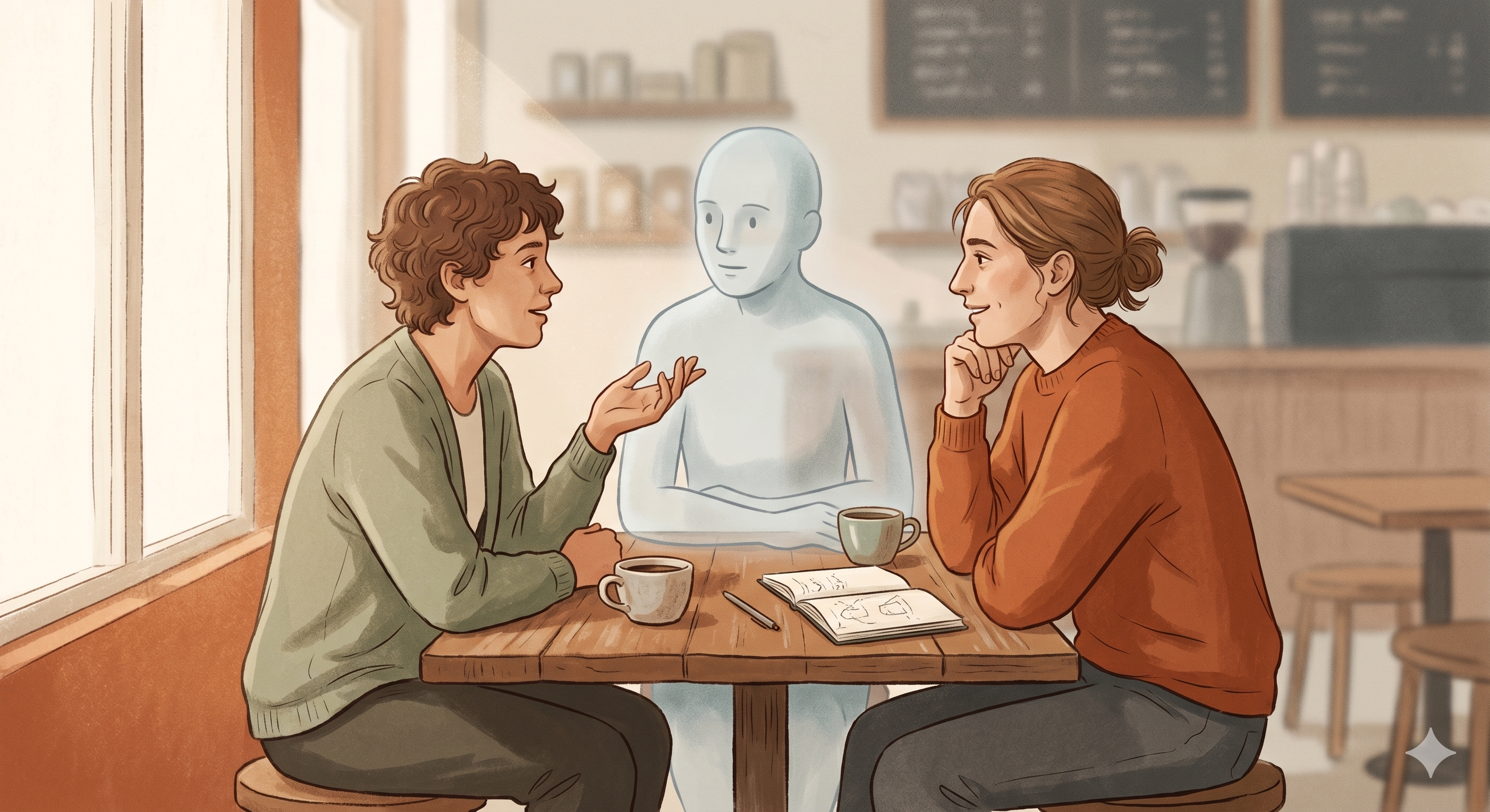 Cover illustration for AI Between Us — two people in conversation across a small table, with a third presence quietly seated between them, in muted earthy tones