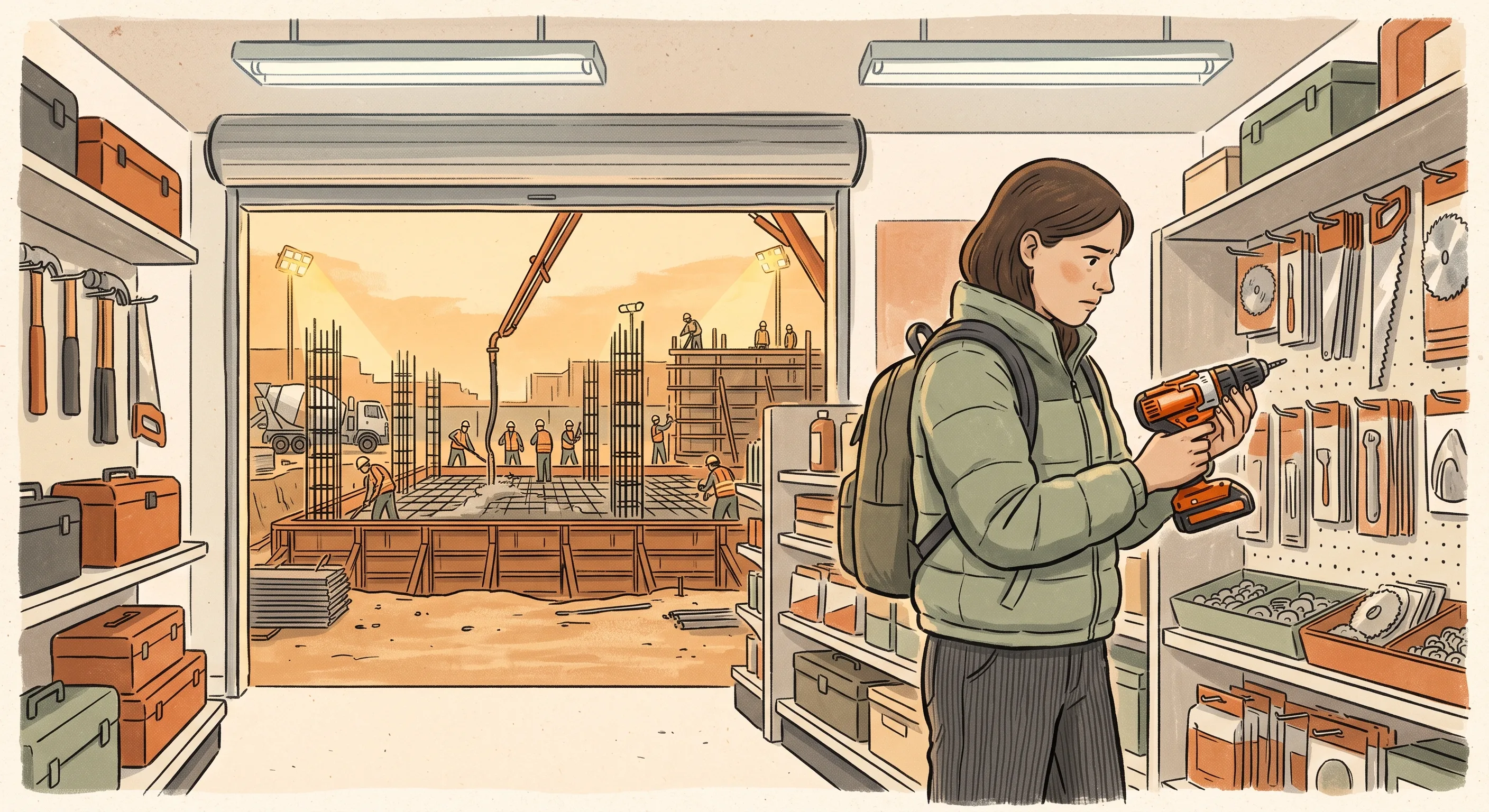 Cover illustration for AI Native Is Not a Tool Decision, someone inspecting a power tool in a hardware shop while foundations are poured on the site behind them, in warm muted tones