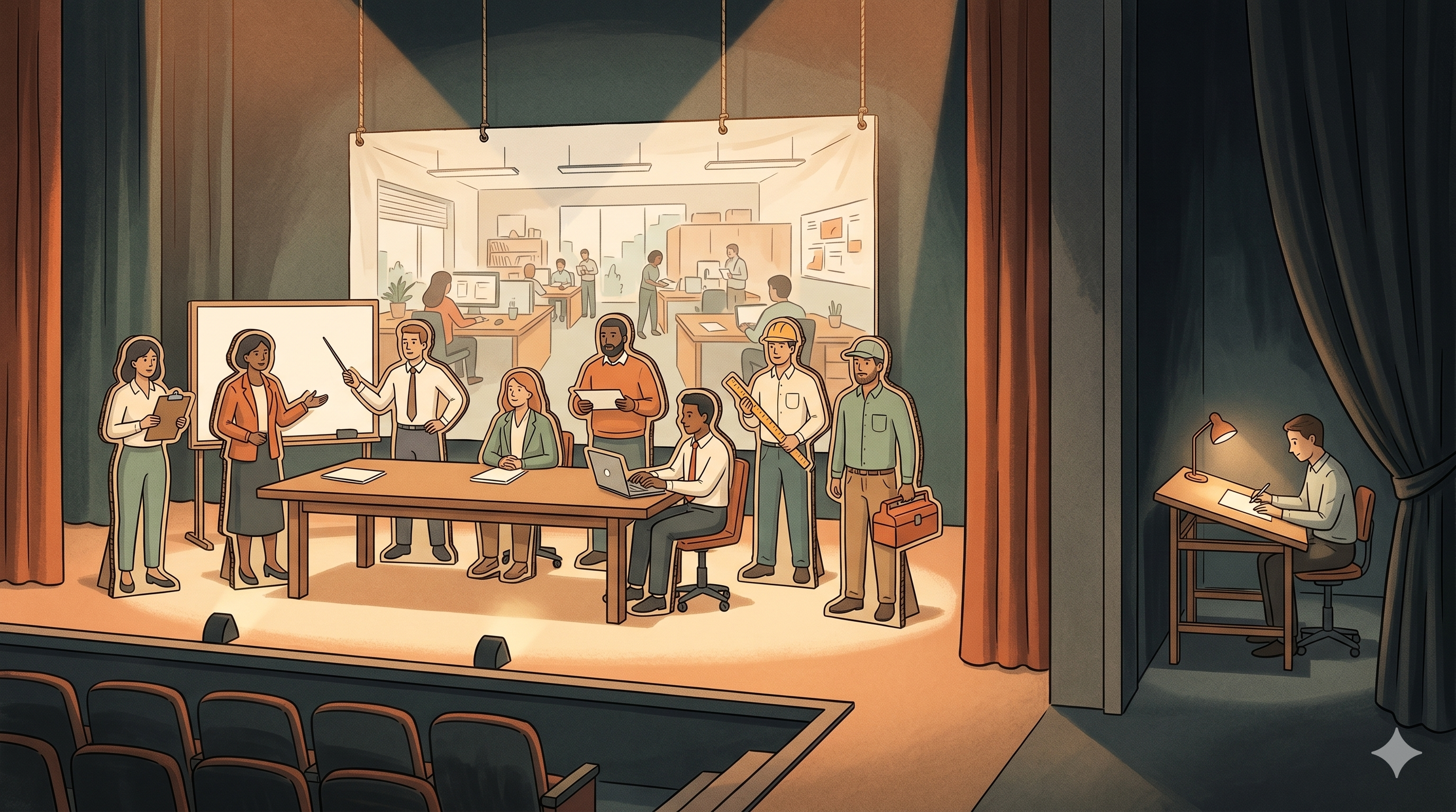 Cover illustration — cardboard cut-out figures on a theatre stage around a boardroom table, with a single calm figure working alone backstage