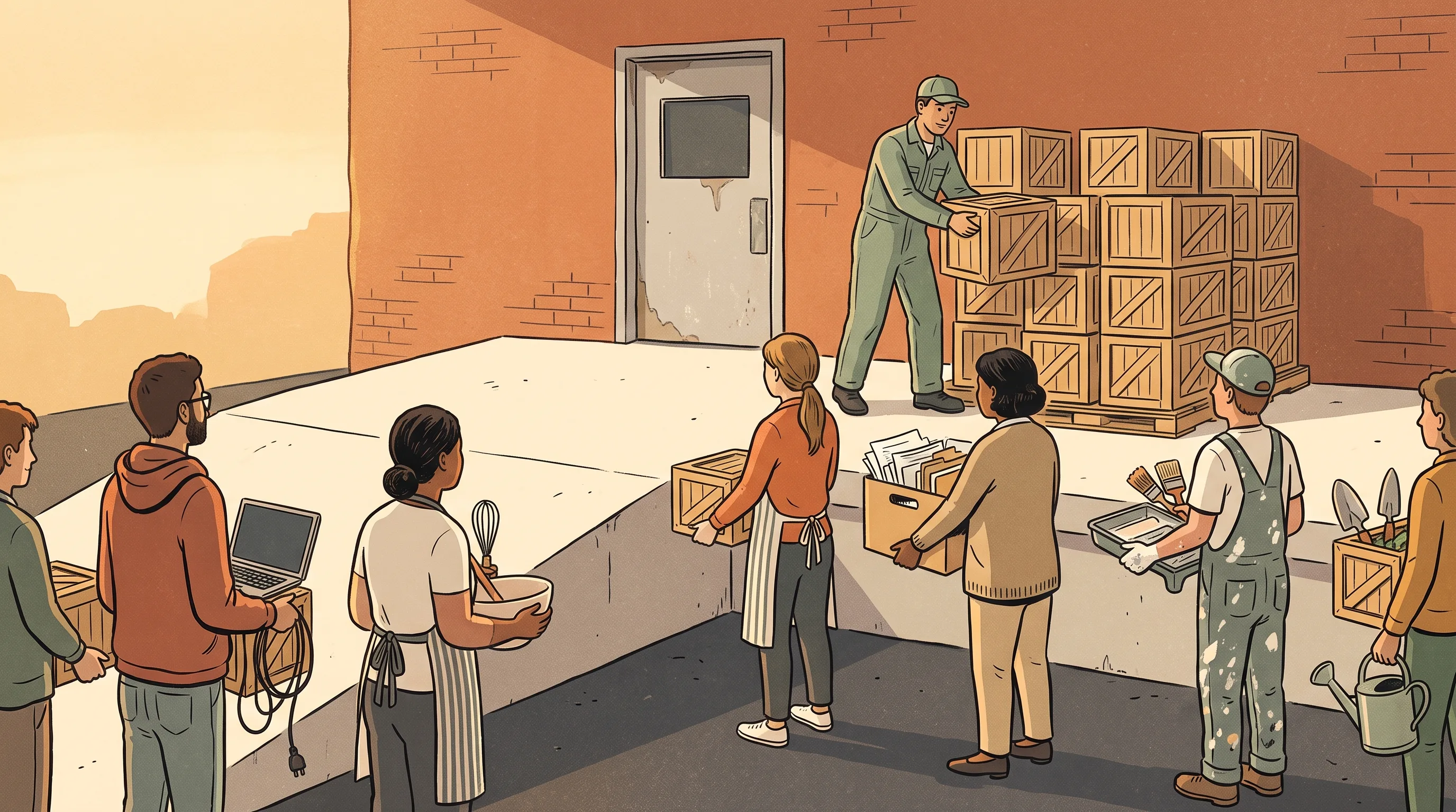 Cover illustration for DevOps 3.0, people from every trade queueing at a single loading dock with their different work packed into identical crates, in warm muted tones