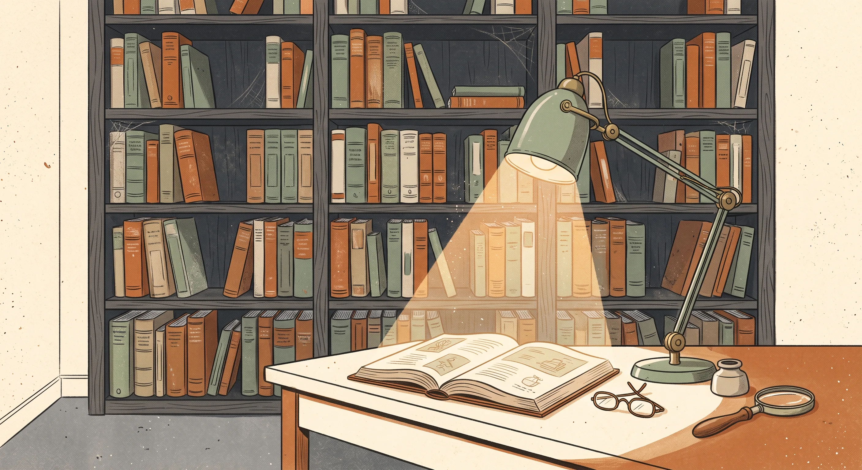 Cover illustration for The Documentation Was Never the Problem, a shelf of dusty untouched handbooks beside one open volume lit by a desk lamp, in warm muted tones