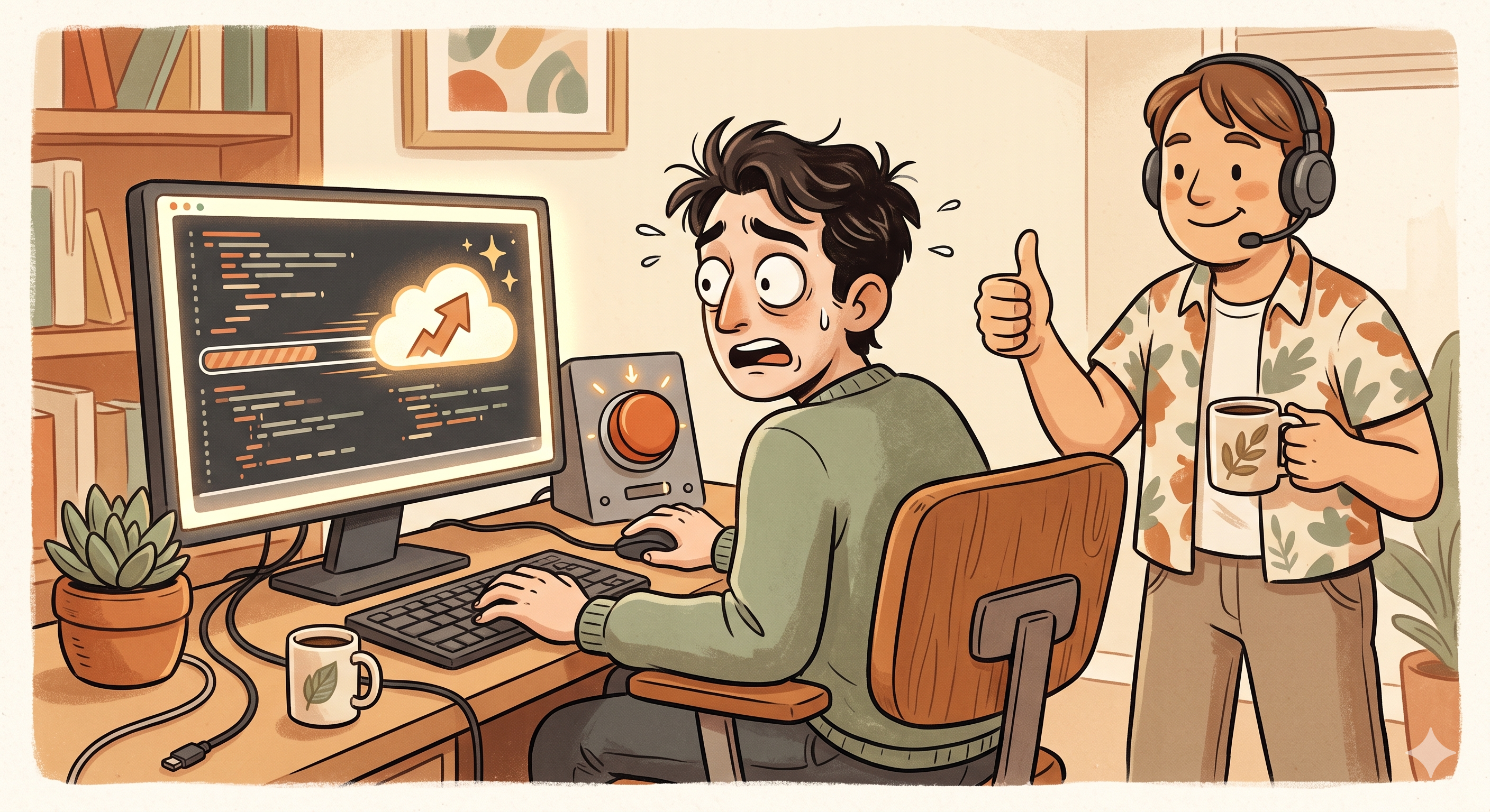Cover illustration for Everyone Builds Now, a comic scene of an anxious software developer watching a non-developer’s code race straight into production, in warm muted tones
