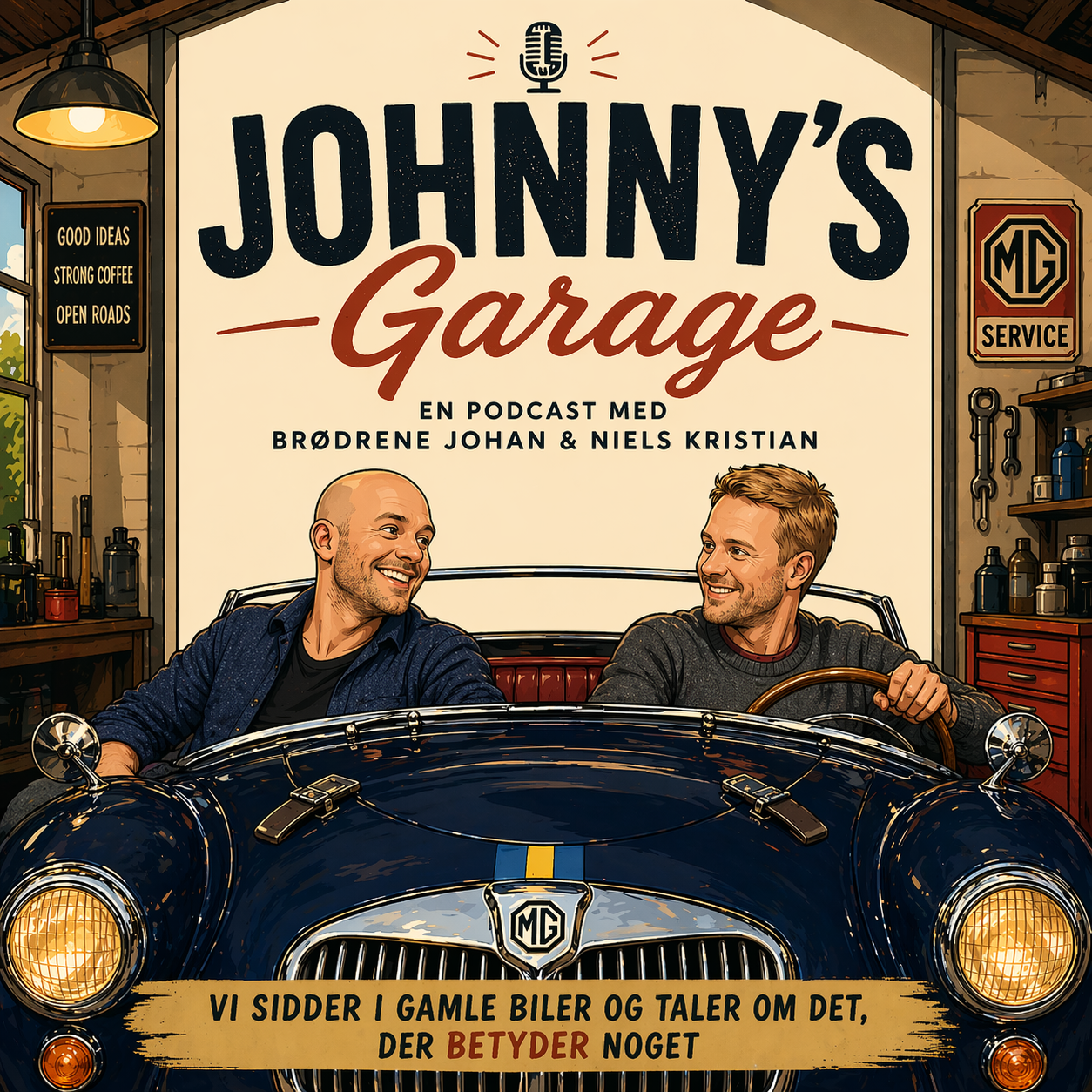 Cover til Johnny’s Garage — Johan og Niels Kristian sidder smilende i en blå MG, tegnet i varme, retro farver