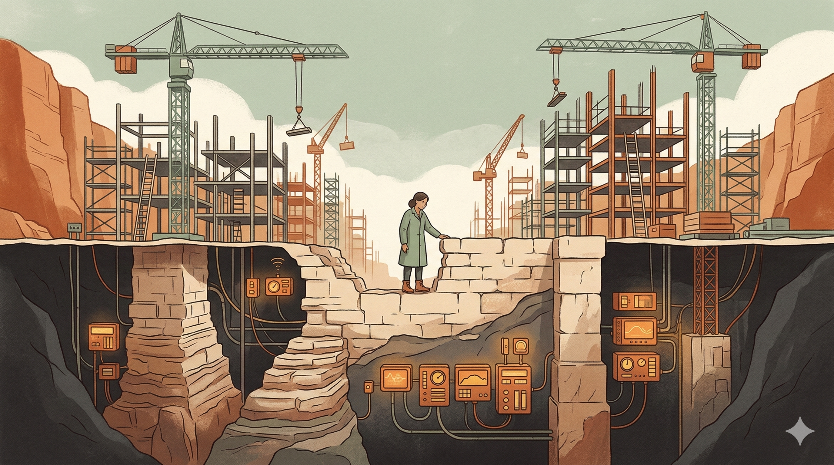 Cover illustration for Still True — deep foundations supporting rapid growth in muted tones