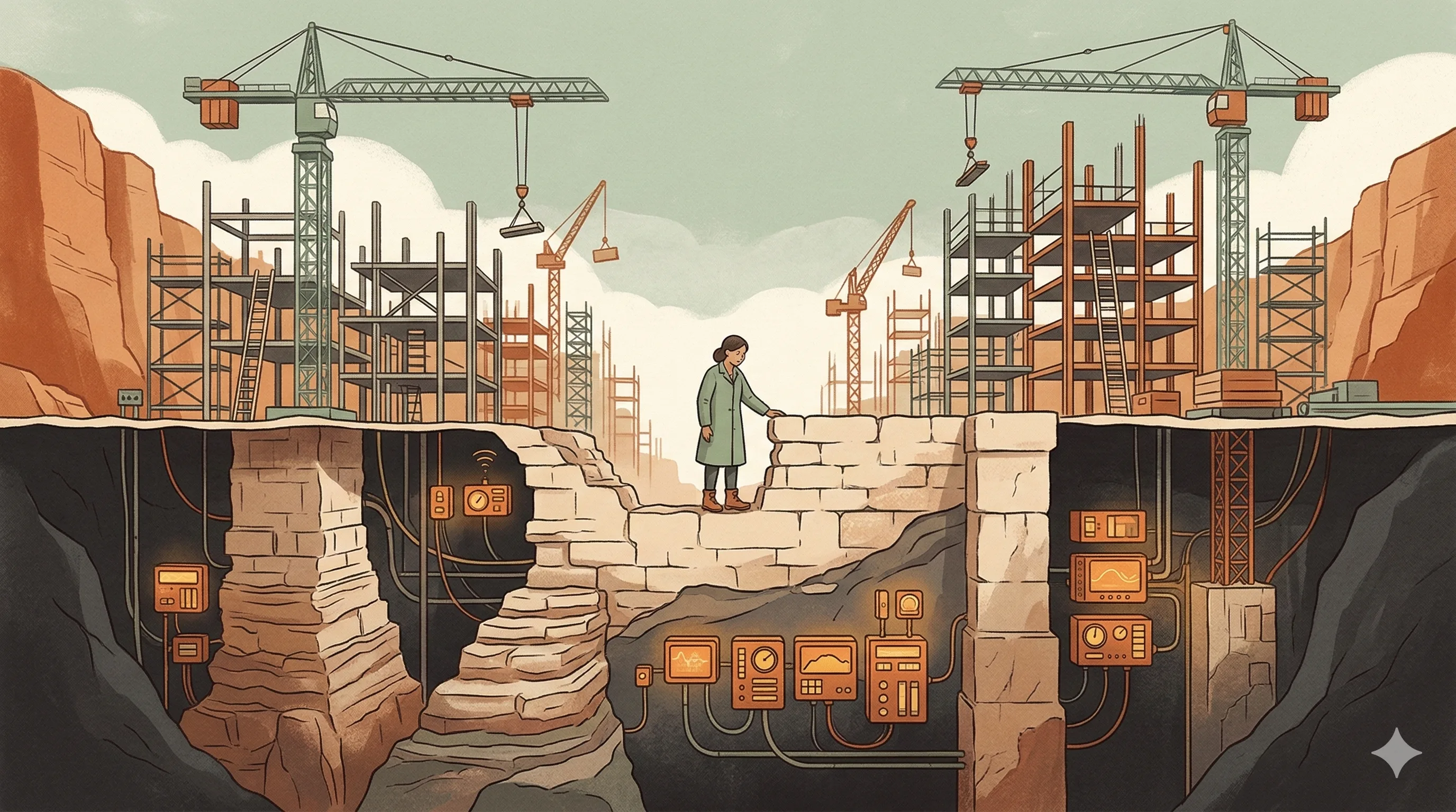 Cover illustration for Still True — deep foundations supporting rapid growth in muted tones