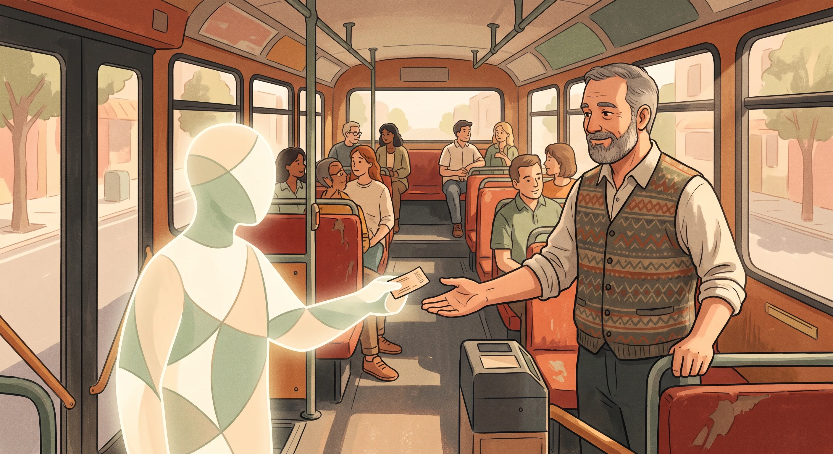 Cover illustration for The Agent’s Ticket, a bus conductor holding out a hand for a ticket while an abstract glowing presence offers one from the step, in warm muted tones