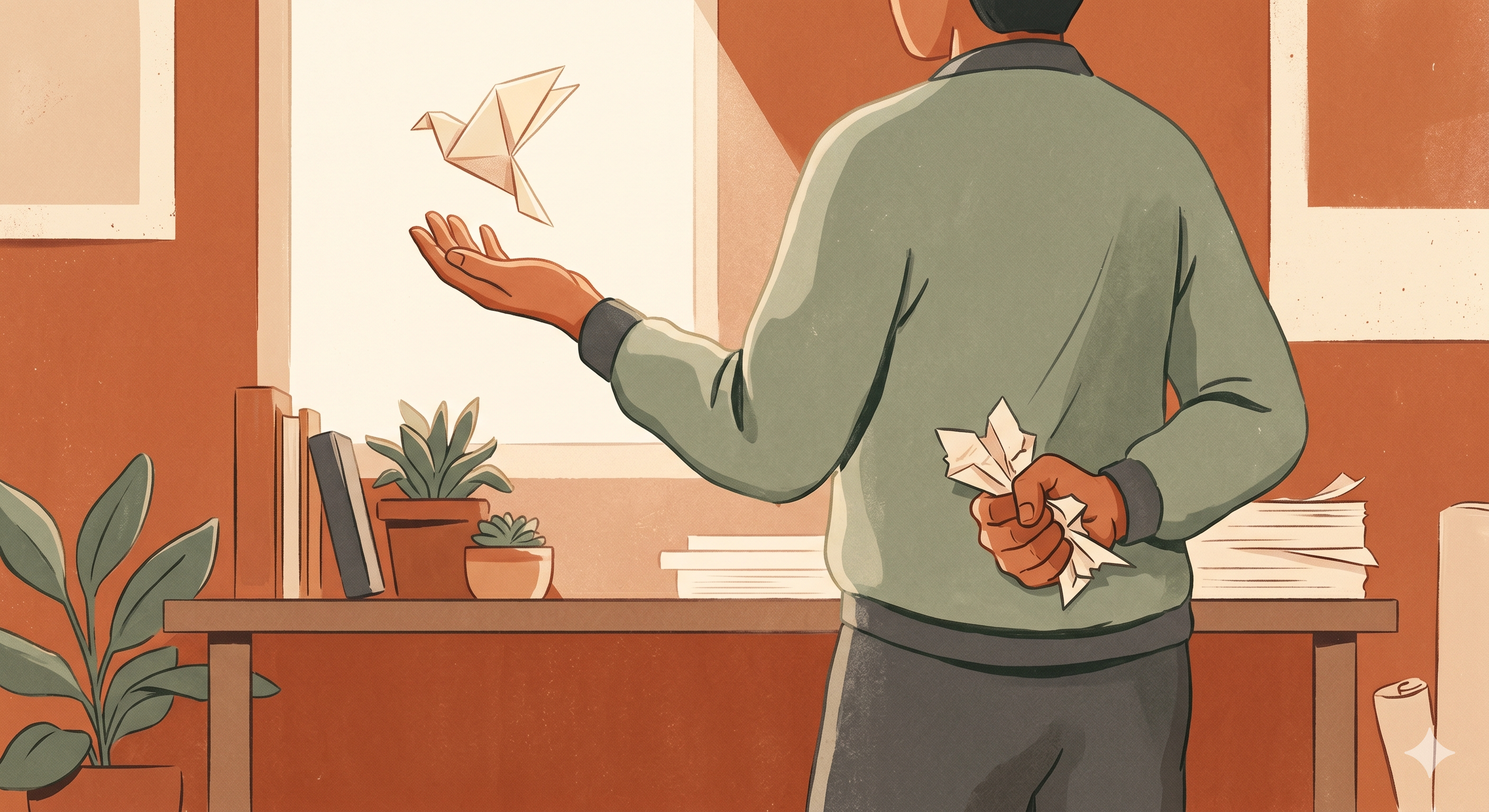Cover illustration for The Humility Gap — an open hand letting a small bird take flight beside a clenched fist crushing a paper plane, in muted earthy tones
