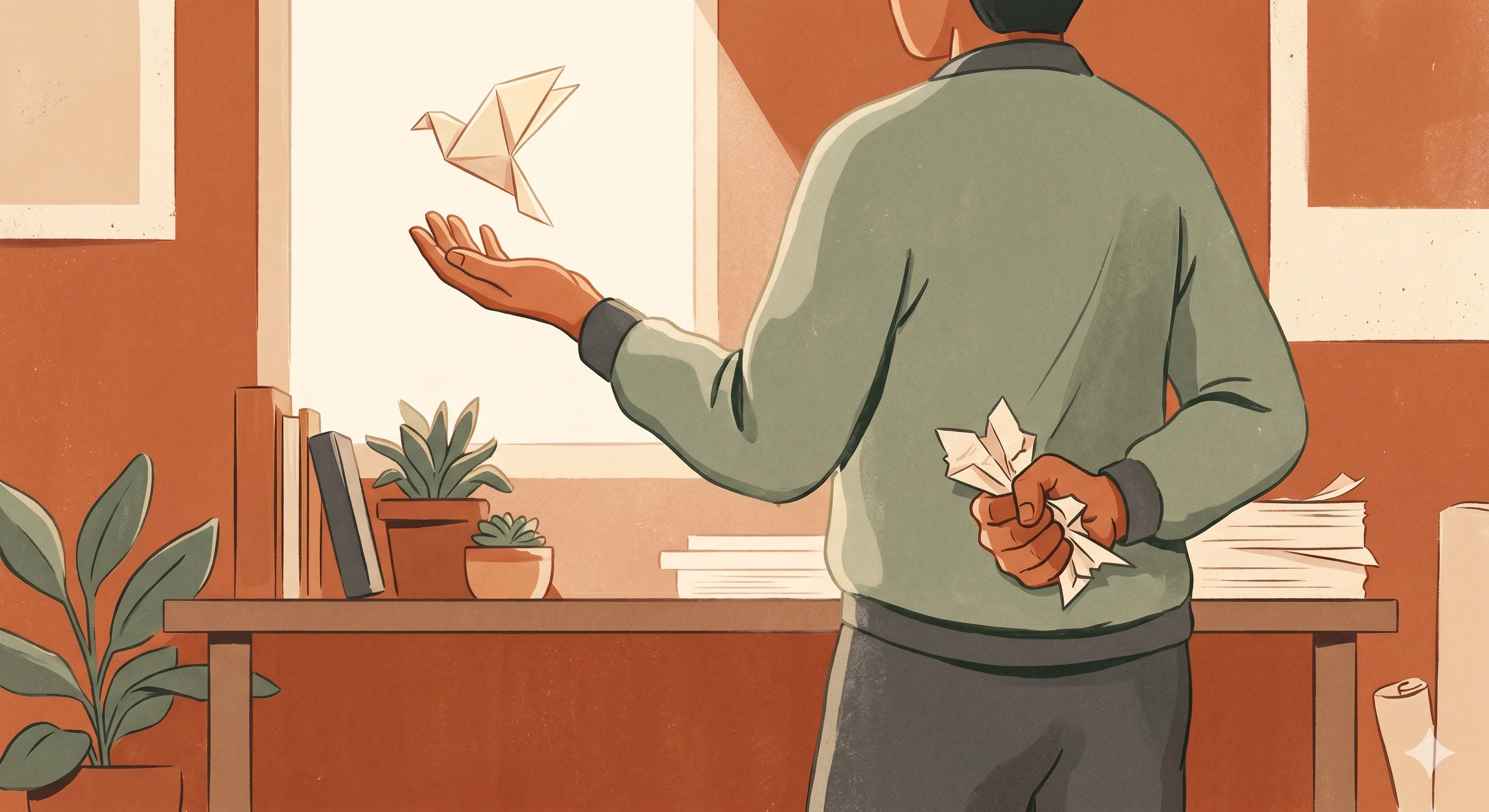 Cover illustration for The Humility Gap — an open hand letting a small bird take flight beside a clenched fist crushing a paper plane, in muted earthy tones