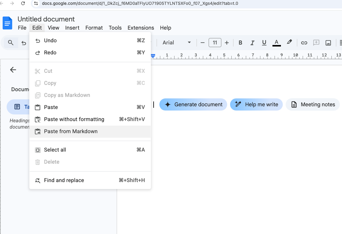 Google Docs Edit menu showing Copy as Markdown and Paste from Markdown options