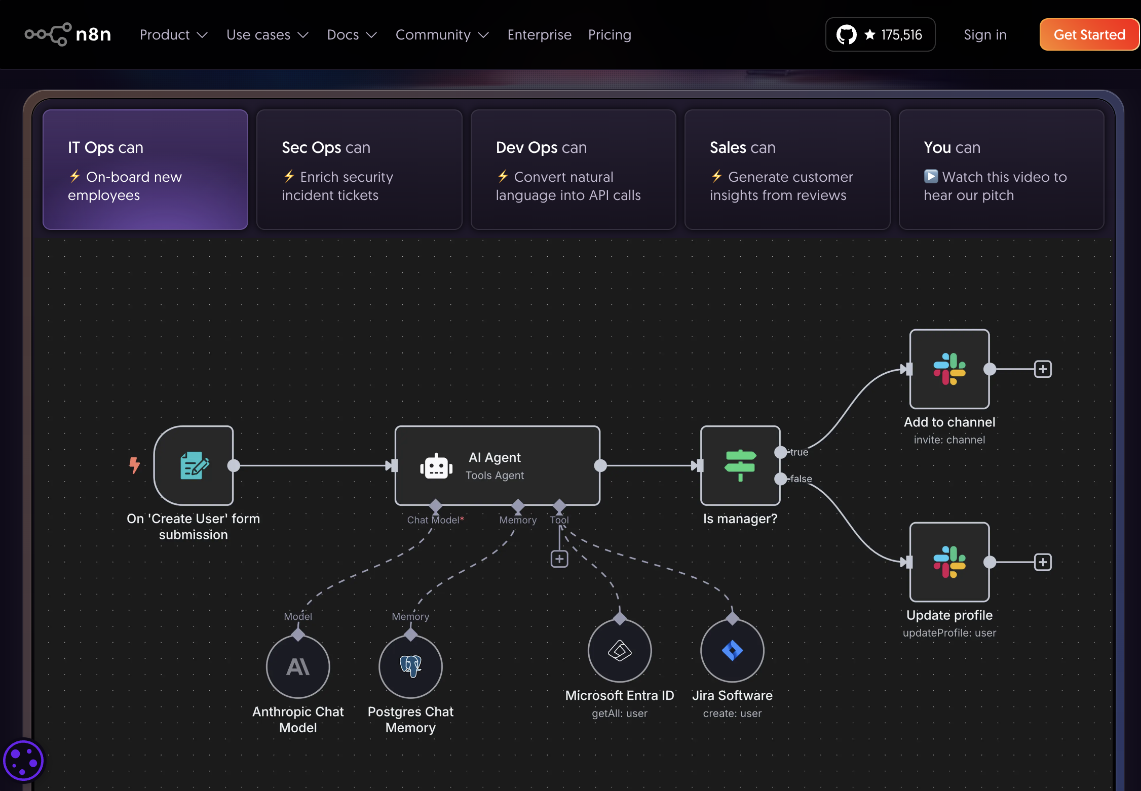 n8n visual workflow editor showing connected nodes for an AI-powered automation pipeline