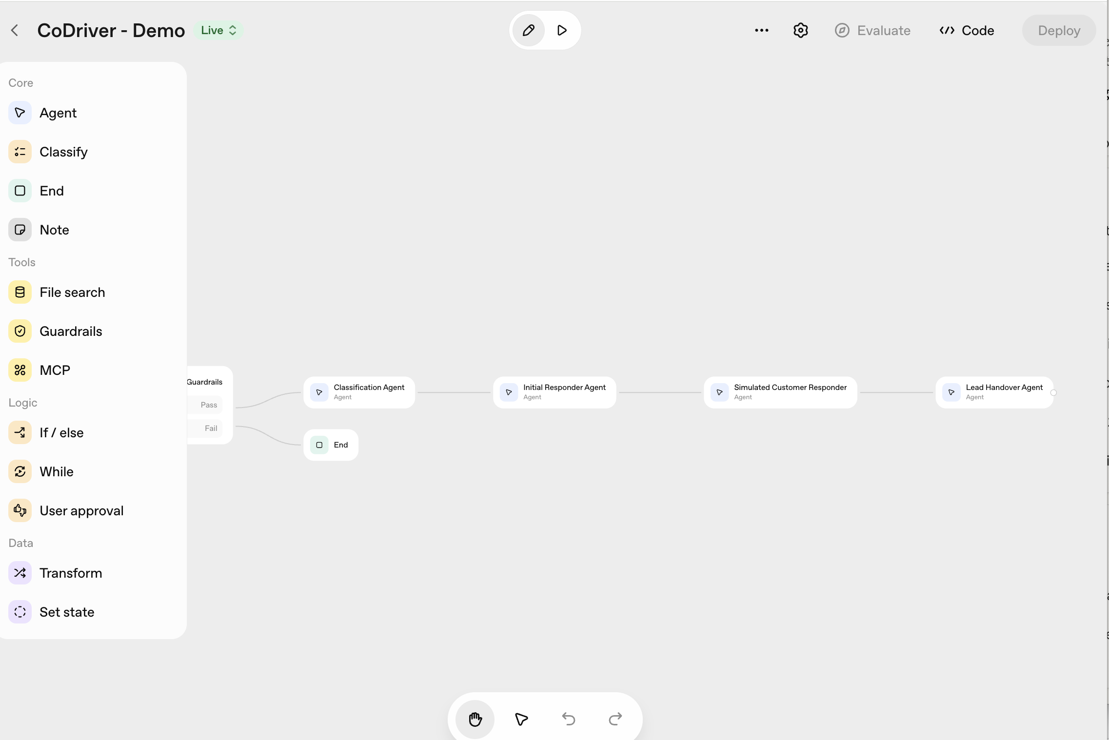 OpenAI Agent Builder interface showing agent configuration with tool access and instructions