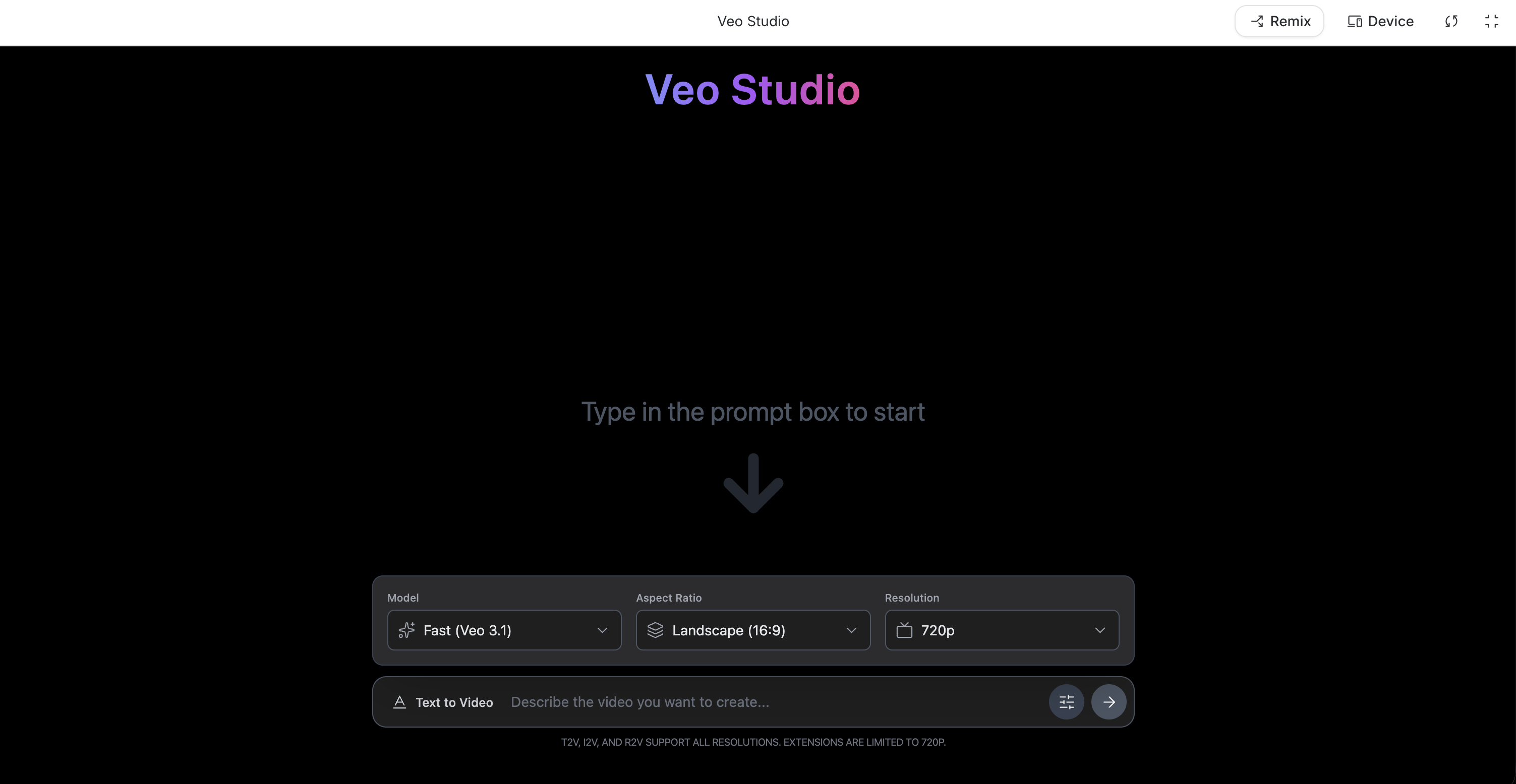 Veo interface showing video generation from a text prompt with preview frames